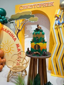 Lion King Hakuna Matata birthday styling with custom jungle themed decor, character props and balloon garland by Colourful Treasures