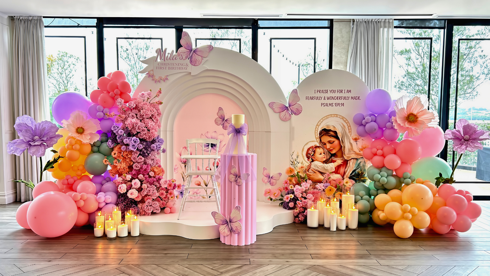 Pastel christening styling with 3D arch backdrop, floral arrangements and soft tones celebrating love, grace and blessings by Colourful Treasures