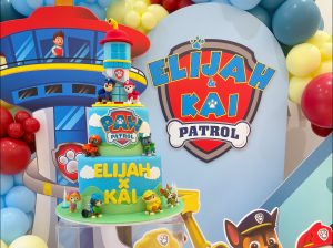 Paw Patrol birthday styling with themed character props, Paw Patrol tower feature and decorative balloon garland by Colourful Treasures