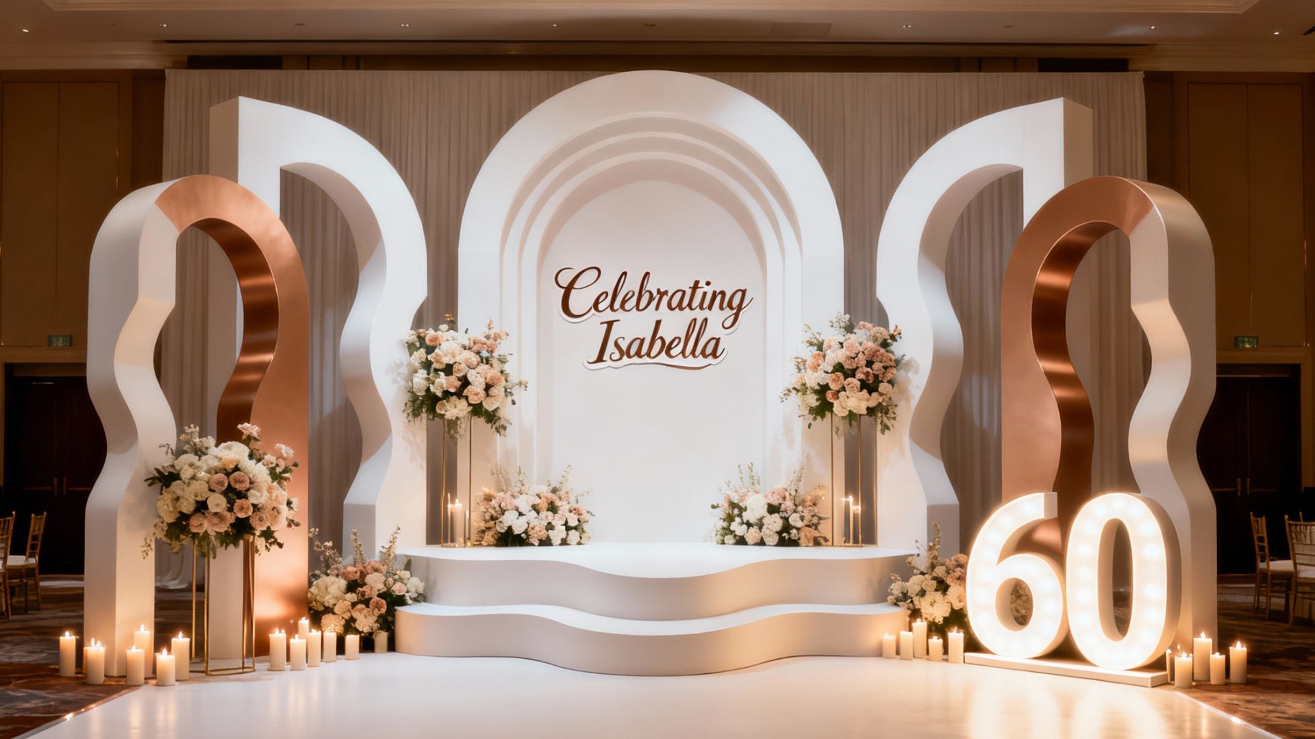grand 60th milestone birthday backdrops and styling featuring arched elements and custom props by Colourful Treasures