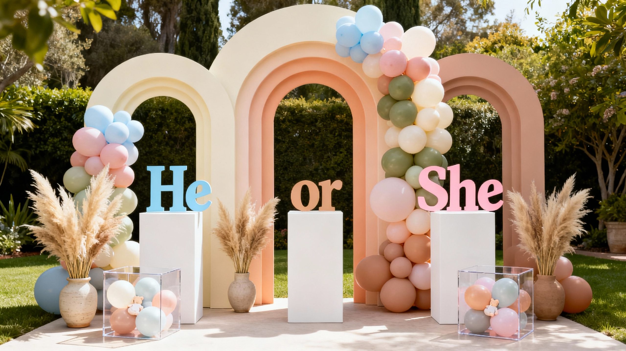 he or she gender reveal party with pastel balloon garlands, custom arches, floral decorations, confetti table, and cake display by Colourful Treasures