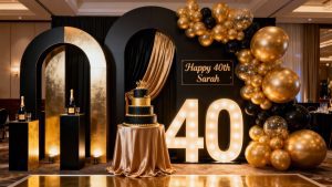 luxury black and gold 40th birthday setup with draping and light up numbers by Colourful Treasures